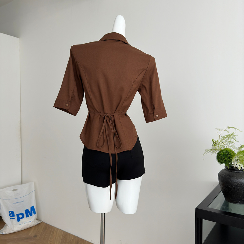 linyings首尔欧尼 新品88折100亚麻高智感中袖正肩收腰衬衫|undefined