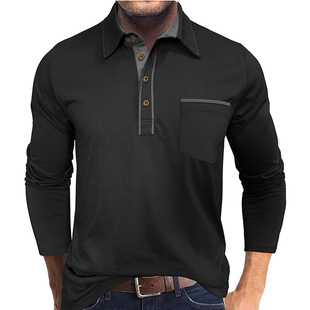 Cross-Border Men's Clothing Lapel Contrast Pocket Long-Sleeved Polo Shirt Polo Shirt Export Men's Casual Button Daily T-Shirt
