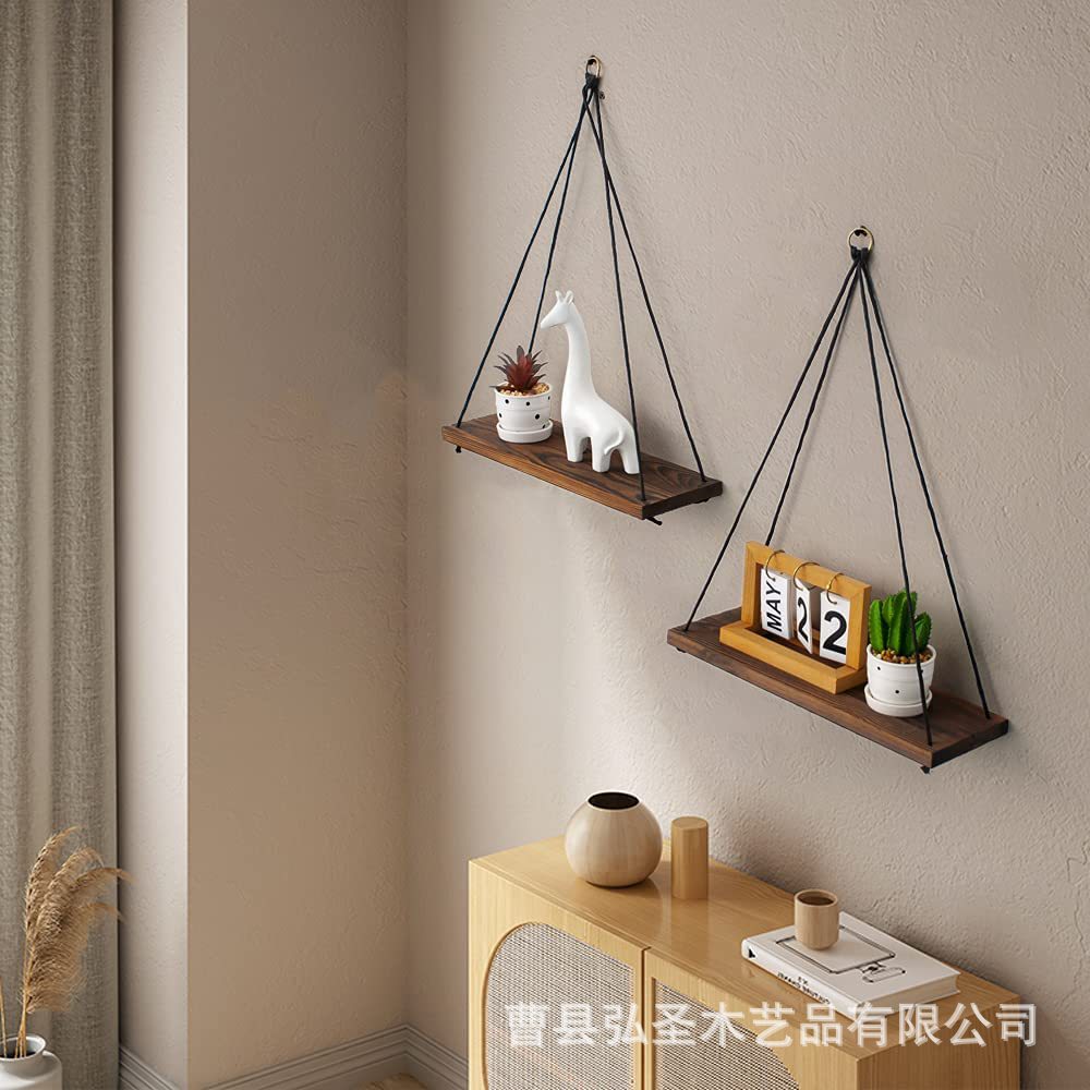 Estante de flores decorativas nórdicas Arte de madera maciza Estante de suspensión de columpio de pared Estante de almacenamiento de colgante de cuerda colgante de sala de estar