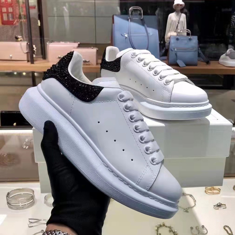 Top version High-end bright diamond McQueen white shoes women's flash Diamond cowhide thick bottom increased versatile sports couple casual shoes men