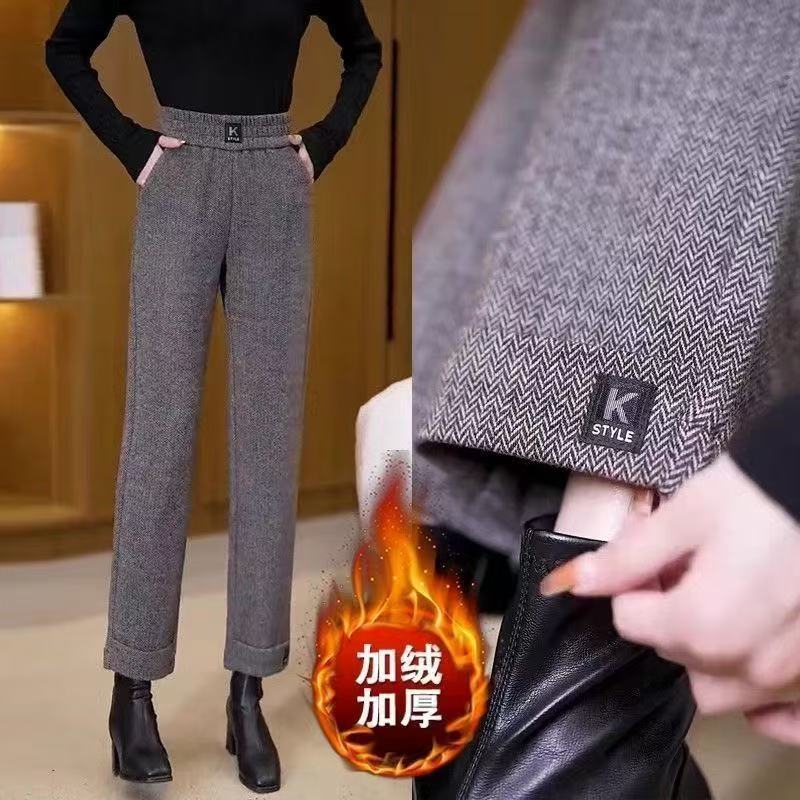 Woolen Straight-Leg Pants with Fleece Lining, Thickened Pants for Women, Winter Cropped Pants, Loose Fit for Petite Women, Mom Pants, High-Waisted Women's Pants