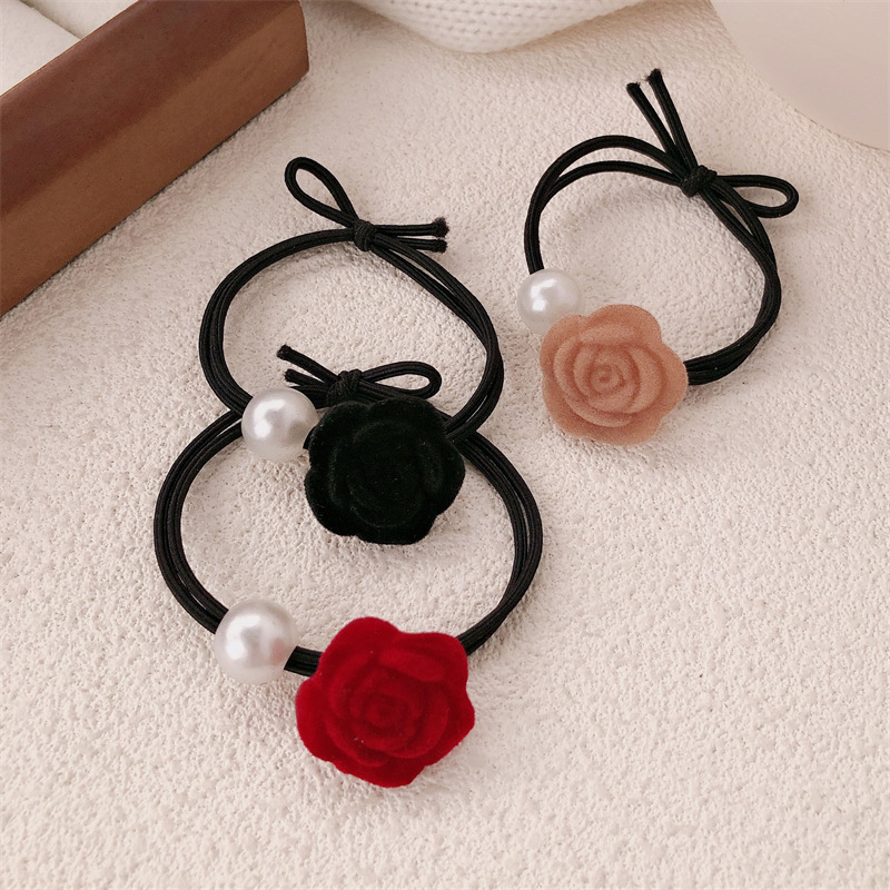 Temperamento francés retro perla flor rosa cuerda para el cabello lazo para el cabello de alta elasticidad cuerda para el cabello de cola de caballo banda de goma accesorios para el cabello femenino