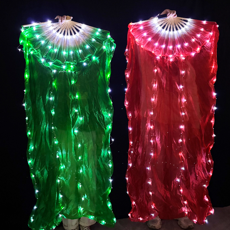 Ventilador de danza luminoso LED tricolor gradiente de seda larga doble cara props de espectáculo de escenario de danza china ventilador luminoso de seda larga
