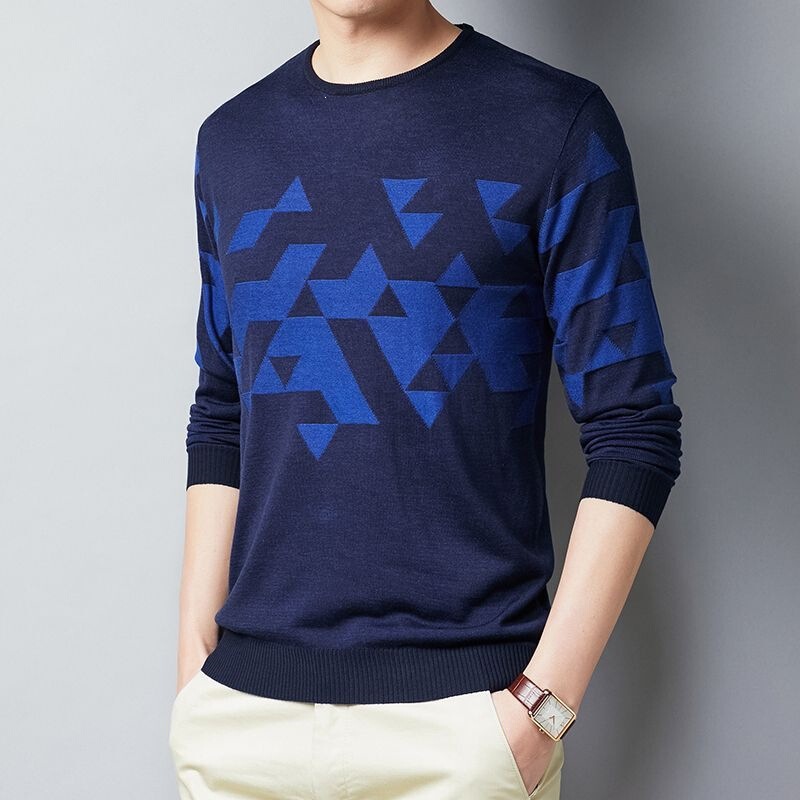 Long-sleeved, lightweight knit sweater for spring and autumn, featuring a jacquard pattern, a new style for men, fashionable round-neck knit top for fall and winter, casual wear