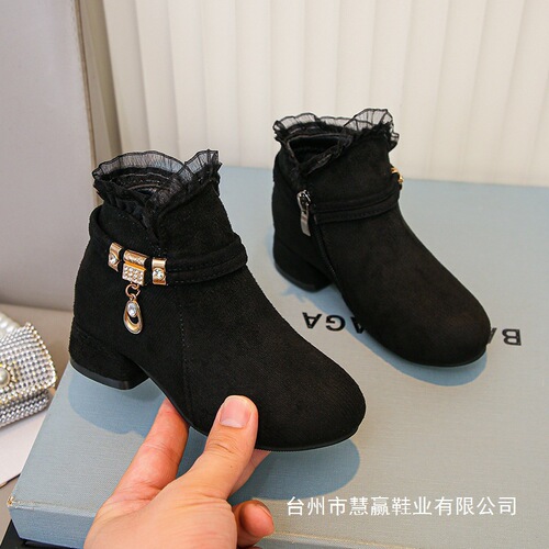 Children's Mid-Size New Girls Boots Knee-High Boots Black Single Boots Girl High Heel Lace Short Fall