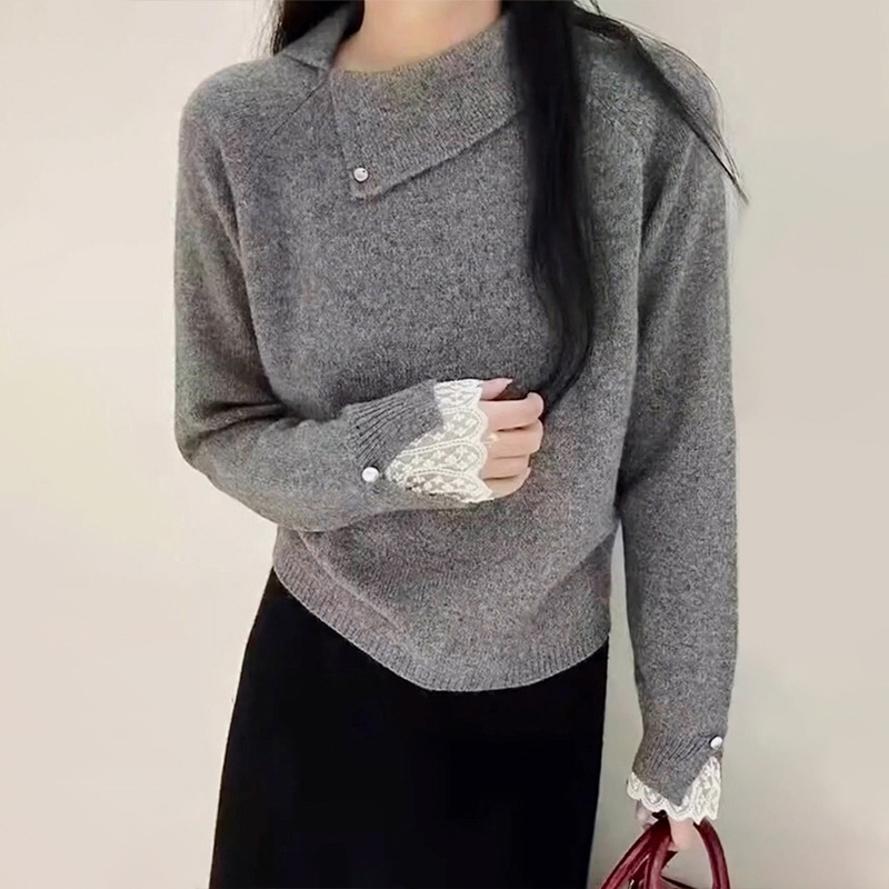 灰色翻领毛衣女春季韩系慵懒高级感加厚蕾丝内搭打底针织衫上衣|undefined