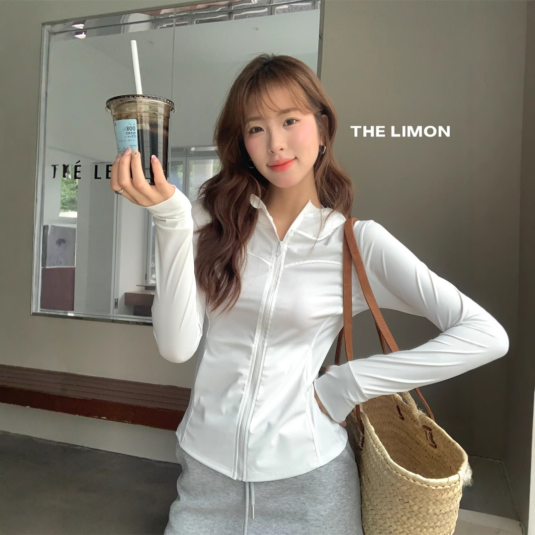The limon té verde limón verano hielo seda con capucha cremallera camisa de protección solar mujer chaqueta corta delgada agradable para la piel mujer