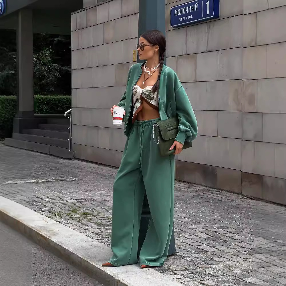 秋冬保暖拉链长袖立领卫衣女潮牌直筒高腰显瘦卫裤两件套宽松显瘦