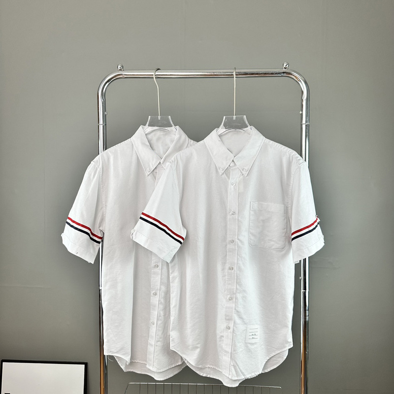 Tb Summer Double-Sleeved Red, White and Blue Webbing Men and Women Couples Casual Mid-Half-Sleeved Mid-Length White Short-Sleeved Shirt Shirt