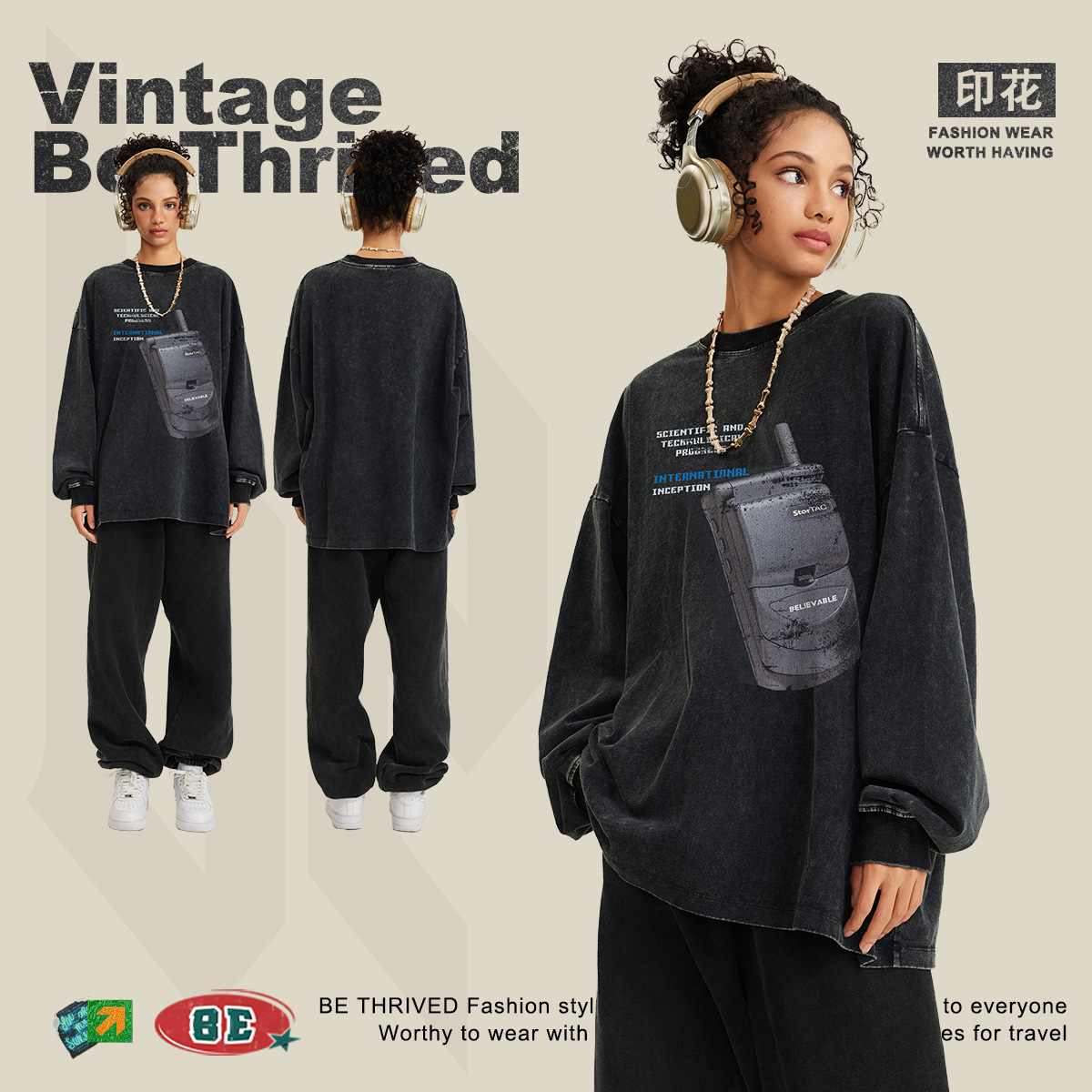 Ropa para hombre BE | Camiseta de manga larga para hombre, estilo retro americano holgado, con estampado de teléfono móvil, cuello redondo, de marca moderna, talla grande, otoño 2025.