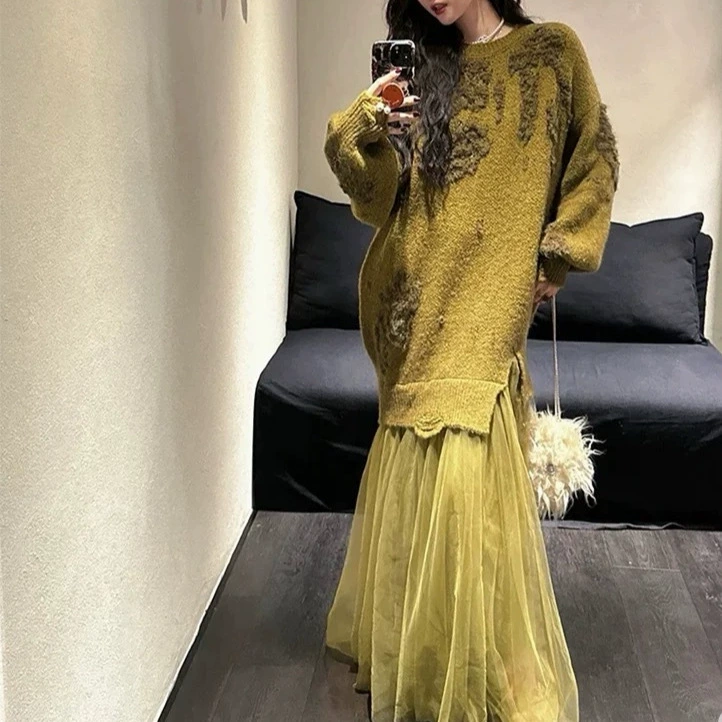 Женское трикотажное платье-свитер с имитацией двухслойной сетчатой вставки, осень-зима 2025, элегантное, приталенное, средней длины