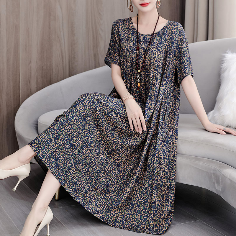 中老年大码碎花棉绸连衣裙女2025夏装新款50多岁中年妈妈气质裙子|undefined
