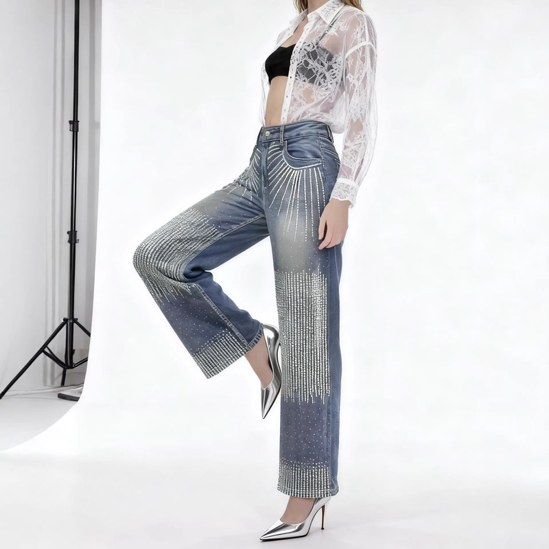 Cross-Border, Rhinestone Straight-Leg Pants, Women's Jeans with Stretch and Vintage Craftsmanship, Irregular Rhinestones