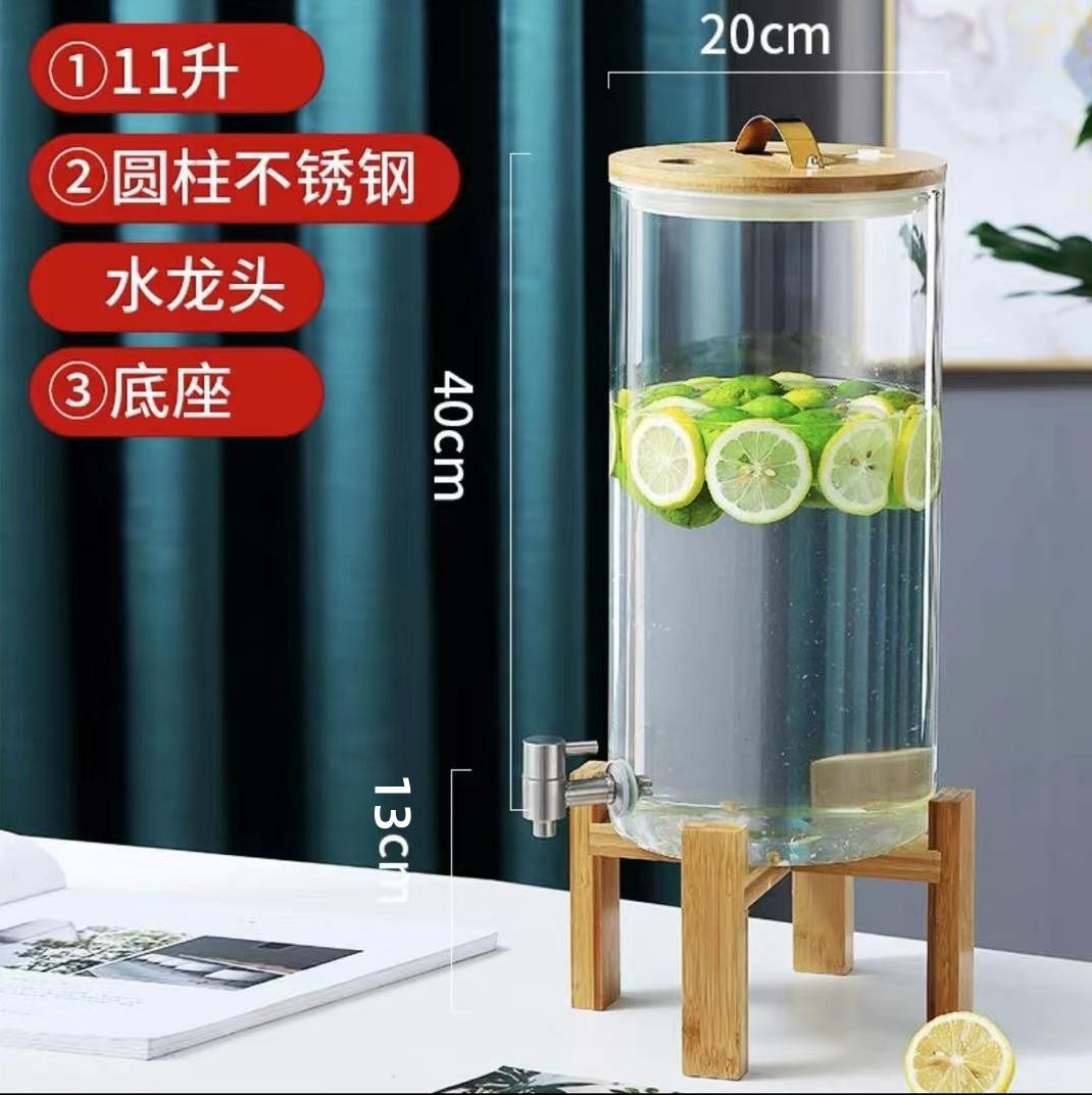 Jugo de vidrio puede beber cubo con grifo comercial limón jugo cubo gran capacidad sellada enzima cubo jugo trípode