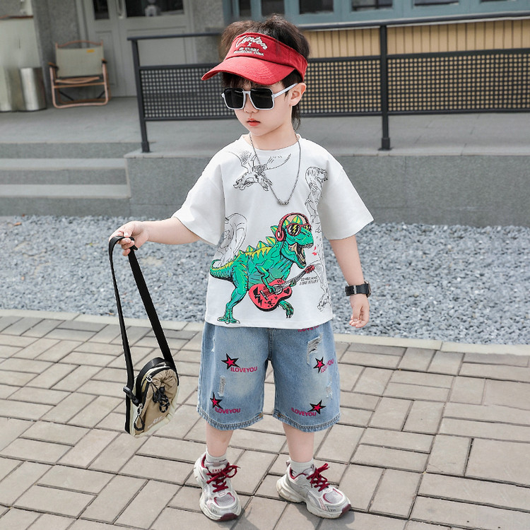 8072 Traje de verano para niños 2025 nuevos niños dinosaurio de manga corta de dos piezas ropa delgada de verano para bebés guapos