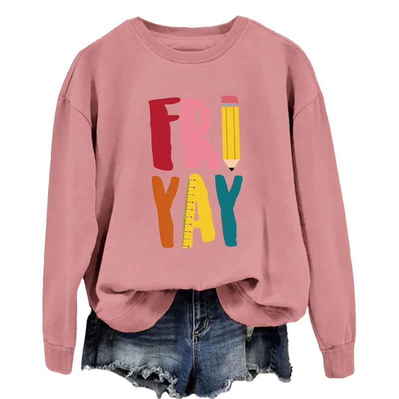Estación independiente de moda Suelta todo fósforo superior FRI YAY lápiz divertido carta de impresión camisa de manga larga de las mujeres suéter