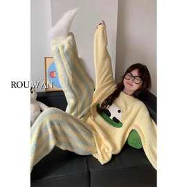 加绒家居服套装可爱加厚熊猫糯半边糯睡衣女冬少女季提花针织软绒