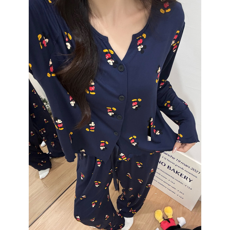 Women's Pajama Set Modal Long-Sleeve Long Pants Round Neck Cartoon Cardigan Trendy Live Stream Loungewear Set