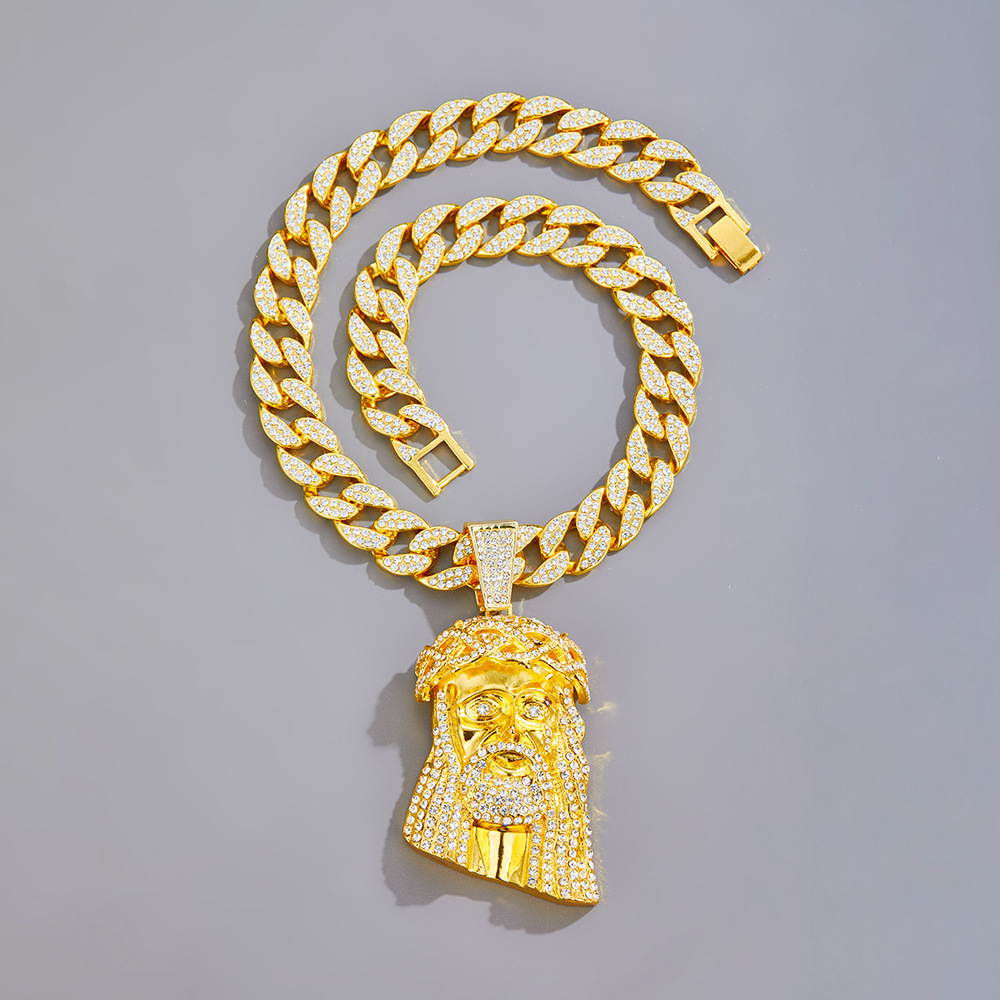 Portrait Necklace For Men With Rhinestones And Cuban Chain_voghion.com