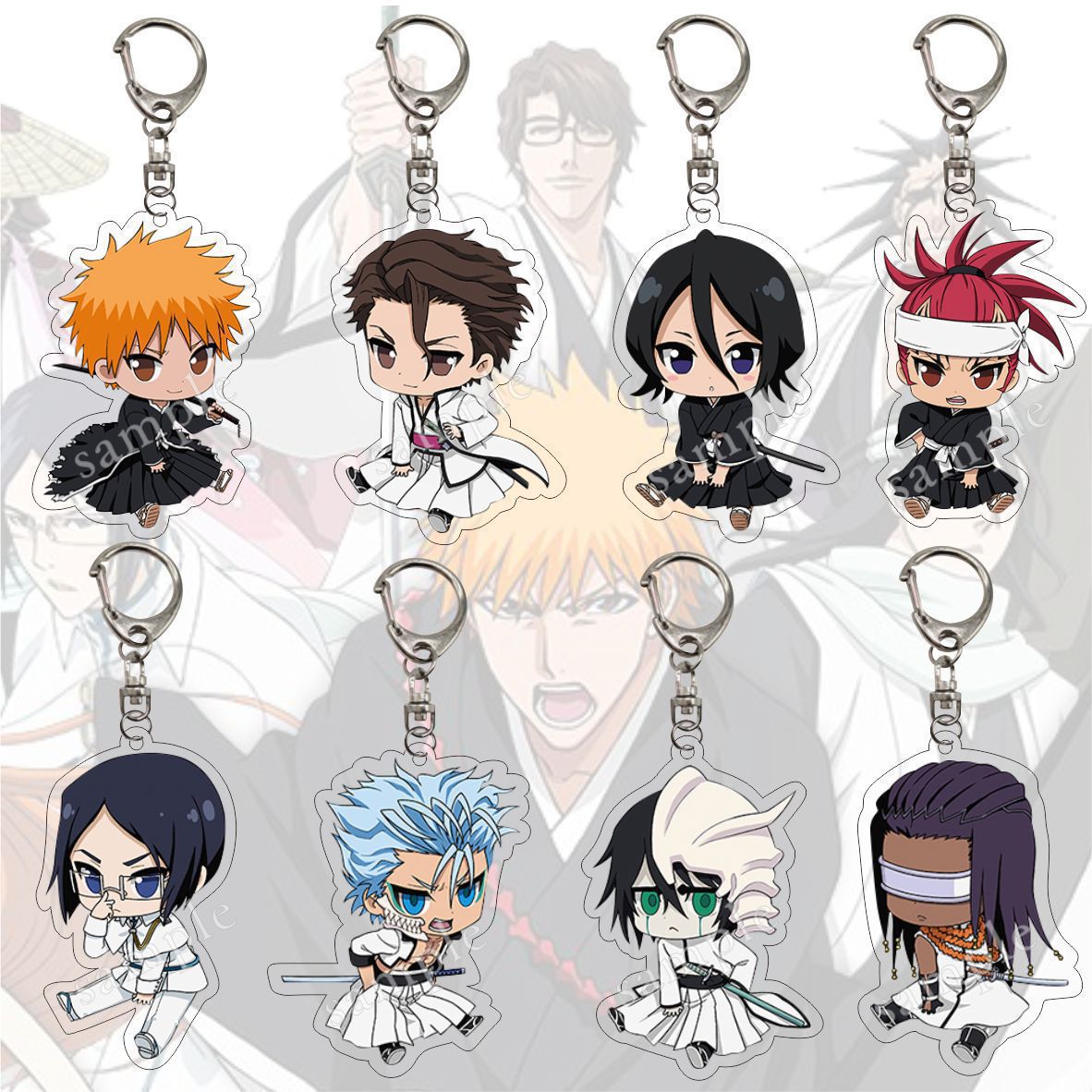 Oqartiruvchi akril kalitchalar: Ichigo Kurosaki, Rukia Kuchiki, Byakuya Kuchiki, Great White, Grimm va Ulquiorra