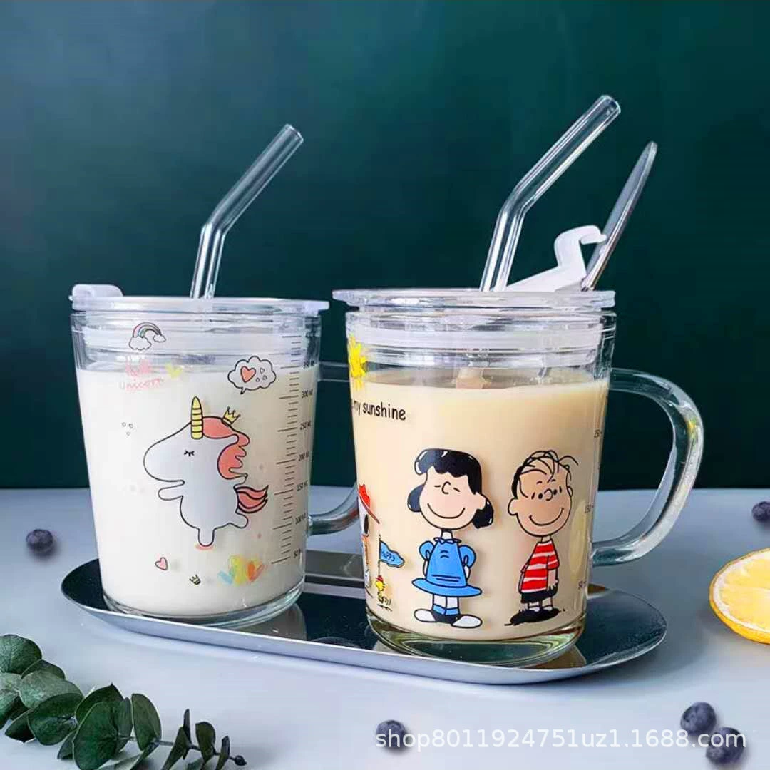 Мультяшная стеклянная сетка красная соломка чашка для девочек сердцу шкала молочный стакан напиток сок INS ветер с крышкой молочный чай чашка