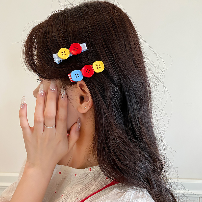 Button Red and Blue Plaid Hairpin Girly Heart New Simple Stylish Side Duckbill Hairpin Hairpin Headwear Hair Accessories