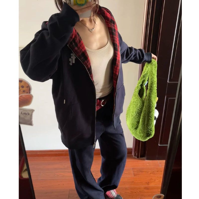 潮牌美式复古格纹拼接连帽开衫卫衣女oversize秋冬加绒慵懒风外套|undefined