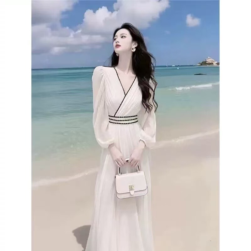 小香风白色雪纺连衣裙2025早春海边度假风法式超仙仙女收腰长裙子|undefined