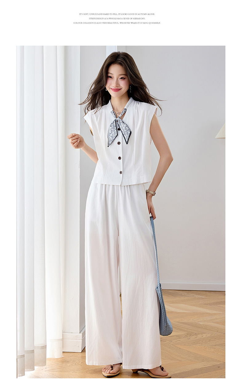Bộ quần áo hai mảnh mùa hè 2026 gồm áo phối quần ống rộng cao cấp YB2636 — Xanh lông mòng đen, màu trắng chi tiết 23