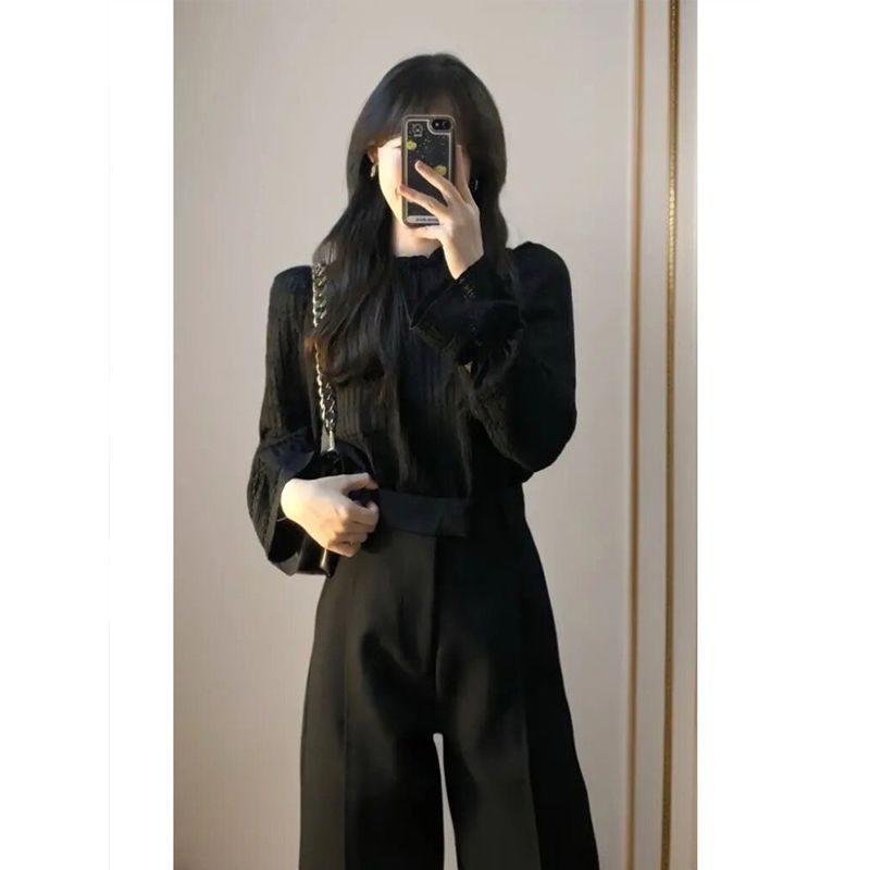 GraceChic - Completo autunnale per donna 2025, nuovo, elegante e alla moda, composto da due pezzi, camicia nera e pantaloni da abito di alta qualità_voghion.com