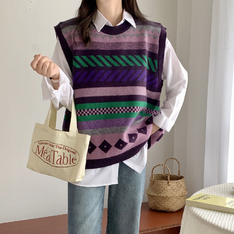 Chaleco de punto con cuello redondo y diseño de rombos estilo universitario para mujer, suéter con bloques de color, diseño de bloques de color estilo europeo y americano. image 3