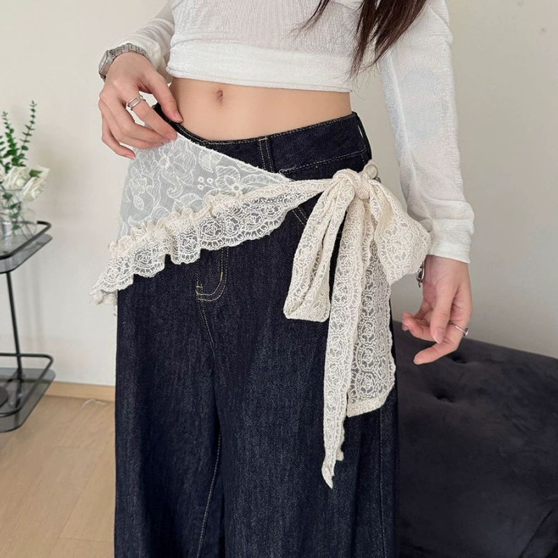Женский треугольный шарф с тяжелой кружевной отделкой, летний нишевый дизайн с сеткой и джинсами, слоистой белой бахромой.
