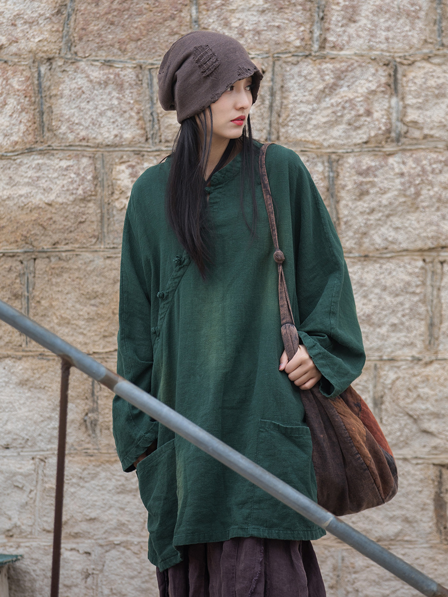Abrigo de Mujer de Algodón y Lino Lavado a la Arena, Estilo Otoño/Invierno, con Botones y Cuello Asimétrico, Estilo Chino Artístico