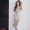 Lotus leaf sleeve slim fit banquet dress with slit
