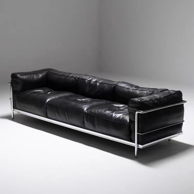 Corbusier italiano LC3 sofá de cuero simple sofá de línea recta medieval negro sofá de cuero de cera de aceite