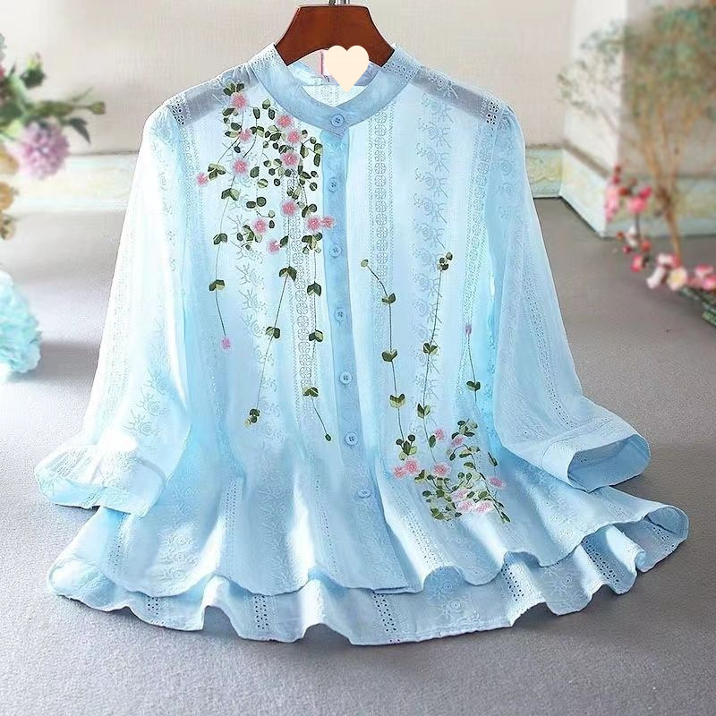 Fresh and Artistic Retro Lace Shirt for Women, 2025 Spring/Summer Style, Loose Fit, Slimming, Ruffled Edge, Embroidered Shirt Top Fresh and Artistic Retro Lace Shirt for Women, 2025 Spring/Summer Style, Loose Fit, Slimming, Ruffled Edge, Embroidered Shirt Top