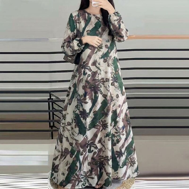 In-Stock Cross-Border New Style Printed Malay Dress with Full Sleeves and Round Neck, Long Gown, Factory Wholesale