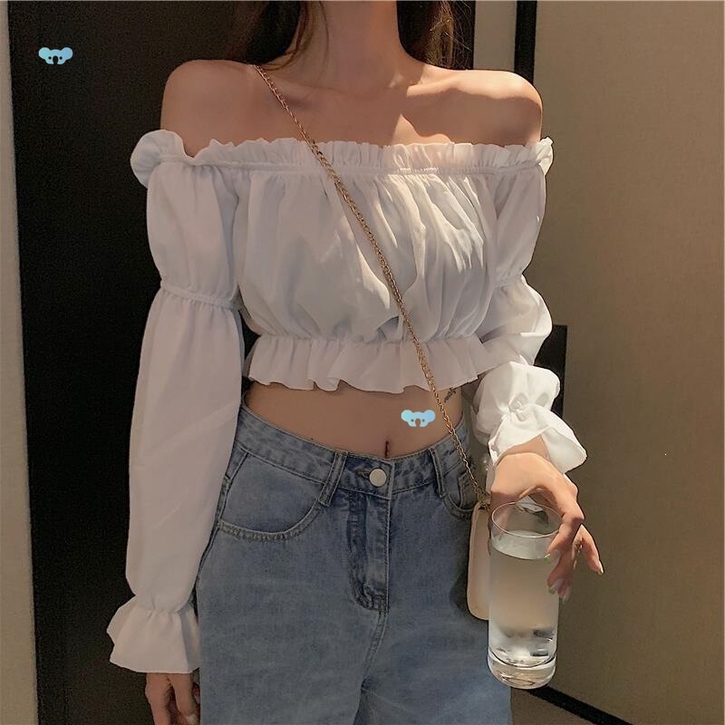 One Word Neck Cropped T-Shirt Sweet One-Word Neckline High-Waisted Cropped Short T-Shirt for Girls