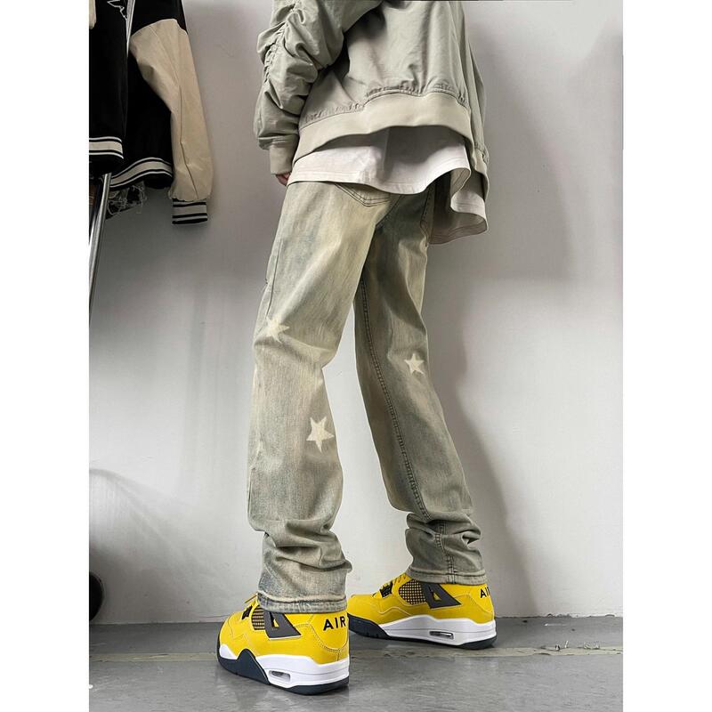 High Street American Style High Street Yellow Mud Dyed Star Jeans Men's Slim Fit Micro Straight Tube Cement Pants Spring and Autumn High Street American Style High Street Yellow Mud Dyed Star Jeans Men's Slim Fit Micro Straight Tube Cement Pants Spring and Autumn