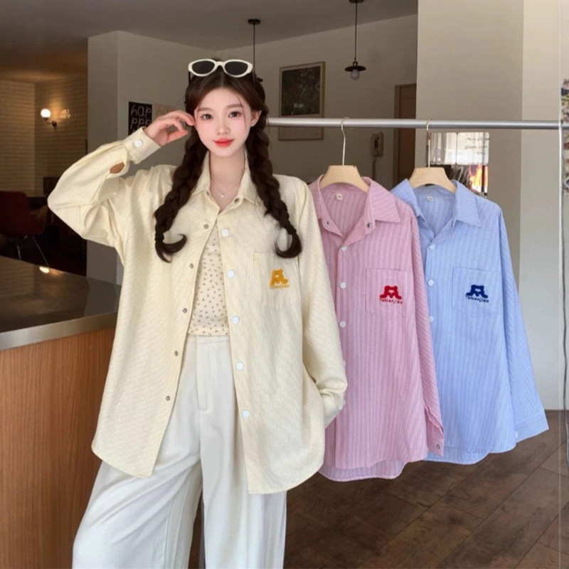 American Retro Yellow Stripesd Polo Collar Shirt Jacket for Women Spring & Fall Loose Casual Cardigan Lazy Shirt Top