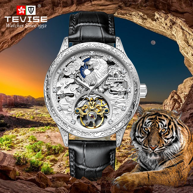 Duke Rosa Men's Watch Automatic Mechanical Watch Tiger Watch Carved Hollow Tourbillon Mechanical Watch Moon Phase Watch