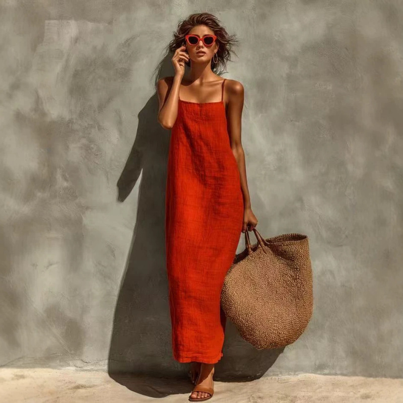 2026 Cross-Border Amazon Independent Site Adjustable Shoulder Strap Square Neckline Bohemian Resort Style Dress