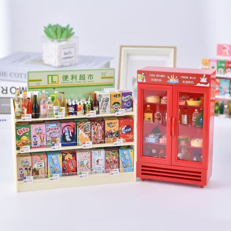 Simulación de mini miniature supermercado estante de bocadillos estante de escena de muñeca modelo de casa pequeña decoración juguetes caseros