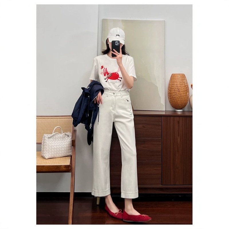 Pony Embroidery Design Straight-Leg Cigarette Jeans for Women, Slim-Fit, Four-Way Stretch Cotton Jeans, Versatile H061308 Pony Embroidery Design Straight-Leg Cigarette Jeans for Women, Slim-Fit, Four-Way Stretch Cotton Jeans, Versatile H061308