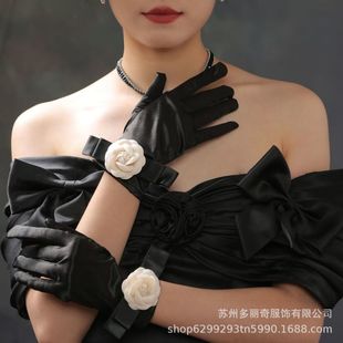 French Hepburn Bridal Gloves Retro Camellia Black Satin Gloves Wedding Photo Stage Performance Dress Accessories