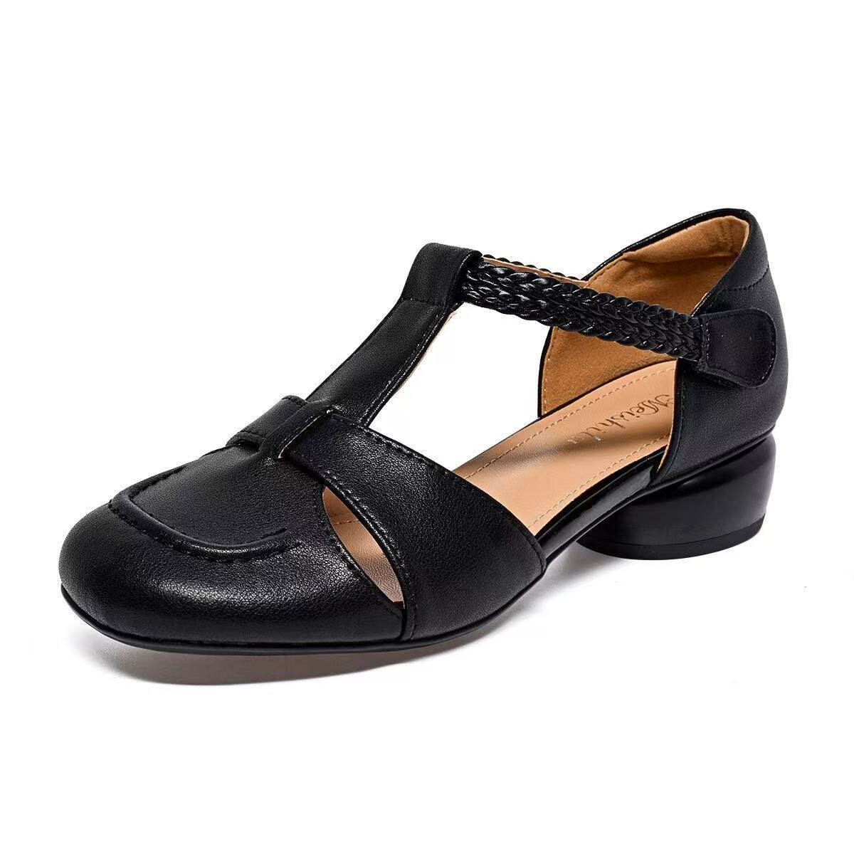 Dép sandal nữ da thật mũi tròn quai chữ V gót thấp chống trượt — màu be
