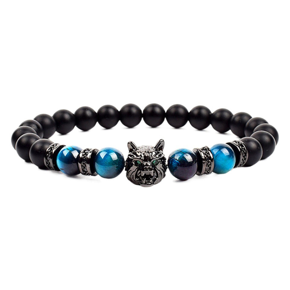 2022 Amazon transfronterizo europeo y americano hombres dominantes pulsera de cabeza de Lobo micro incrustaciones de circón cuentas de piedra de ojo de tigre pulsera de cuentas