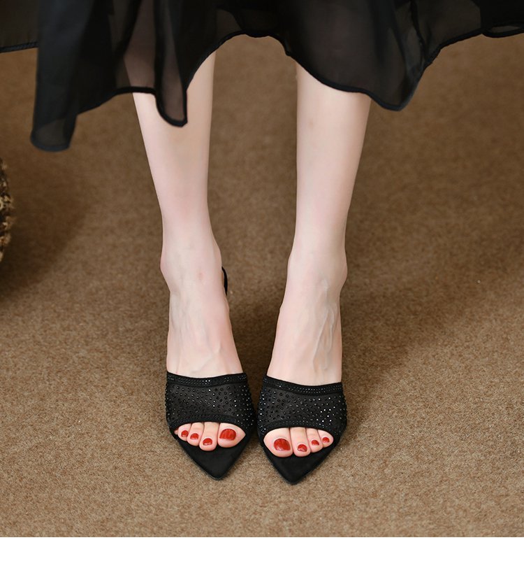 New open-toe pointed mesh rhine-diamond flip-flops female summer wear temperament stiletto heels sandals_voghion.com