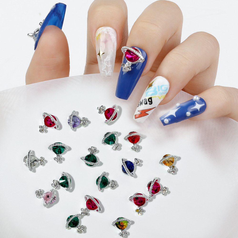 Cross border new funds 10 Nail enhancement alloy star Jewelry zircon Planet Flat bottom Rhinestone nail ornament