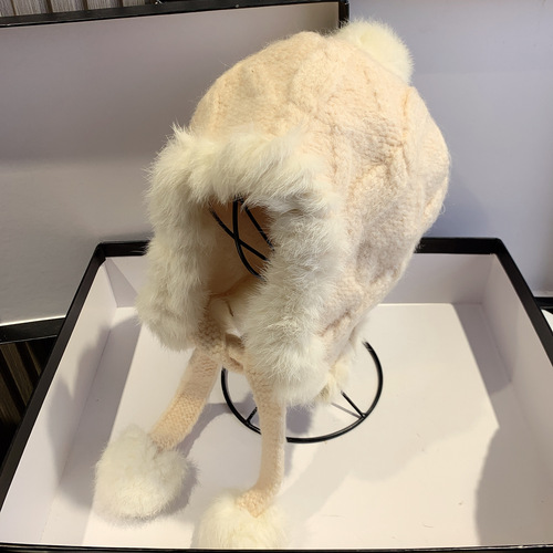 Ladies' Winter Versatile Rabbit Fur Ear Protection Knitted Lei Feng Hat, Sweet and Cute, Thick Plush Knit, Warm and Cozy Hat